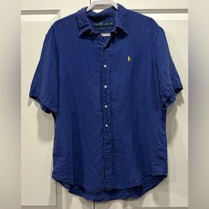 VTG Ralph Lauren Classic Fit Shirt 100% Linen Men XL Short Sleeve Resort Blue
